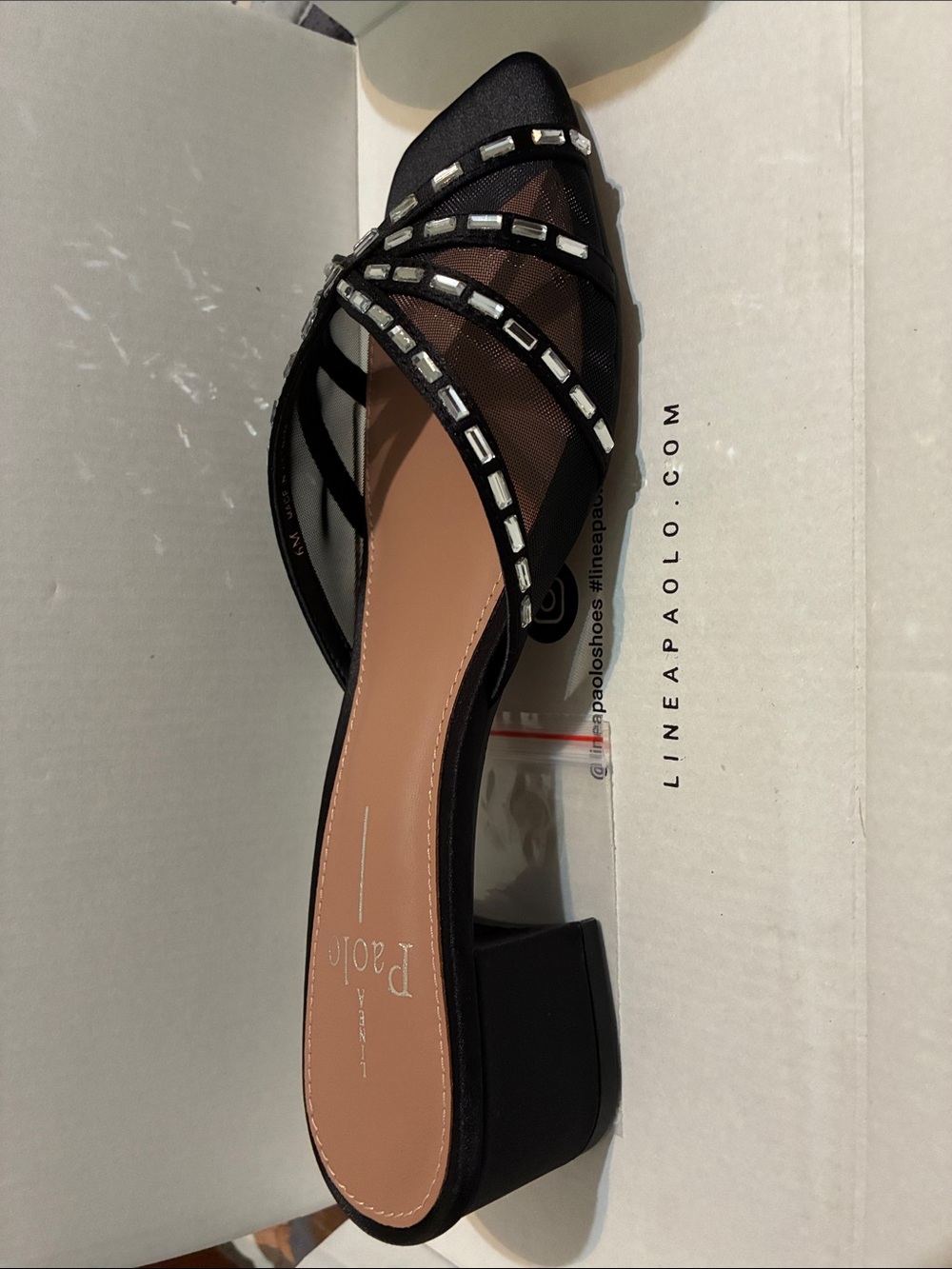 Paolo Black satin/ Mesh Slingback Mule with Crystal Straps